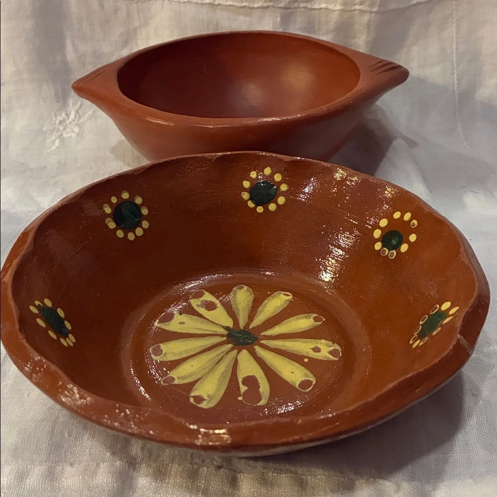 Hand Thrown Red Ware Pottery Bowls With Decorative Accents Red Ware Green Yellow